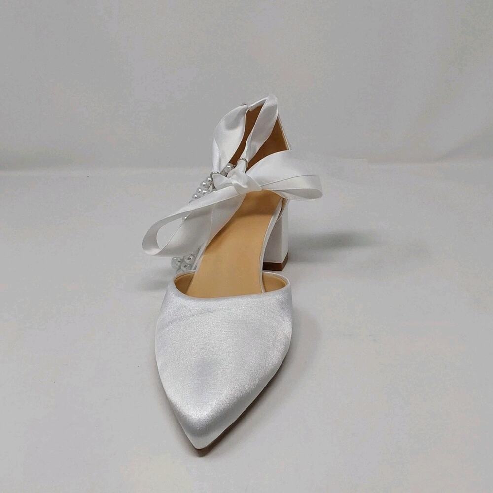 White Satin Bridal Pearl Ankle Strap Block Heel Wedding Pumps Women’s Size 8.5 - Picture 11 of 15